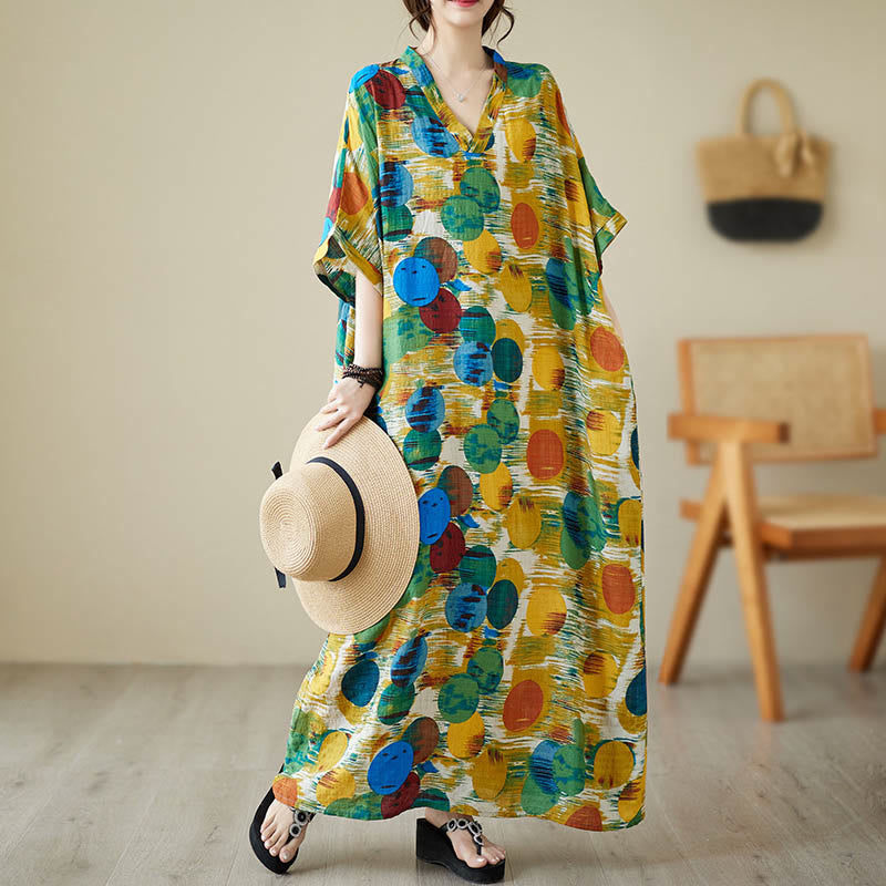Buddha Stones Orange Blau Bunte Polka Dots Midikleid Baumwolle Halbarmkleid mit Taschen - image 5