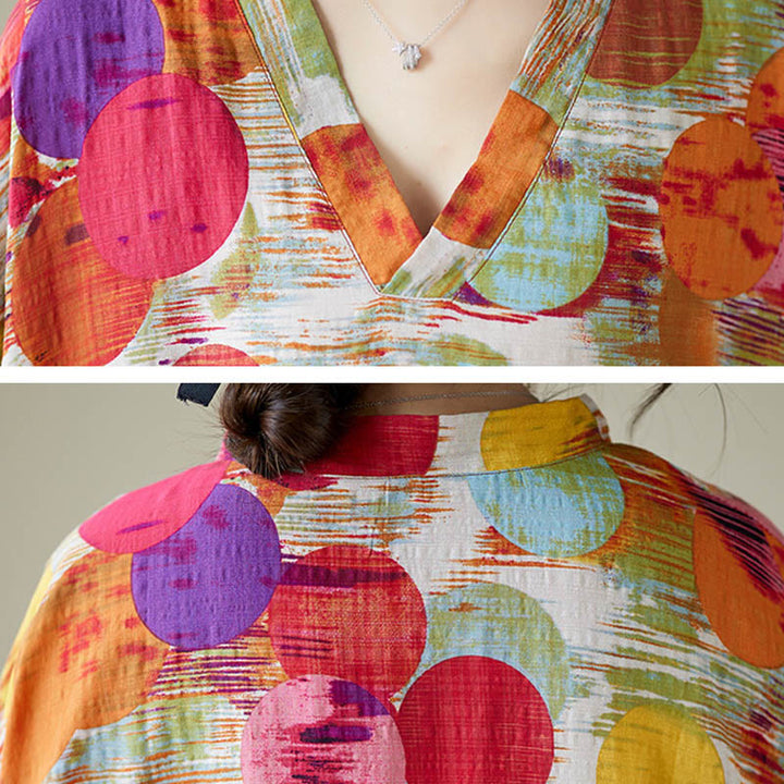 Buddha Stones Orange Blau Bunte Polka Dots Midikleid Baumwolle Halbarmkleid mit Taschen - image 15