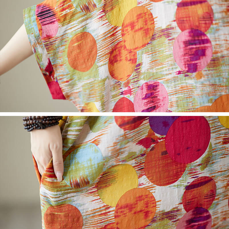 Buddha Stones Orange Blau Bunte Polka Dots Midikleid Baumwolle Halbarmkleid mit Taschen - image 16