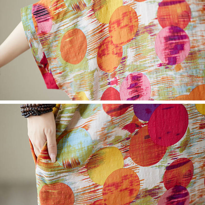Buddha Stones Orange Blau Bunte Polka Dots Midikleid Baumwolle Halbarmkleid mit Taschen - image 16