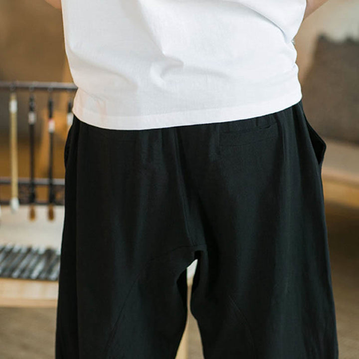 Buddha Stones Einfarbige mittellange Hose mit weitem Bein aus Baumwolle für Herren mit weitem Bein und Taschen - image 8