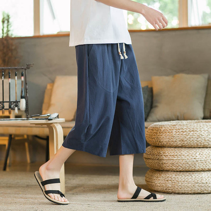 Buddha Stones Einfarbige mittellange Hose mit weitem Bein aus Baumwolle für Herren mit weitem Bein und Taschen - Marineblau - US/UK/AU46, EU56 (5XL) - image 21