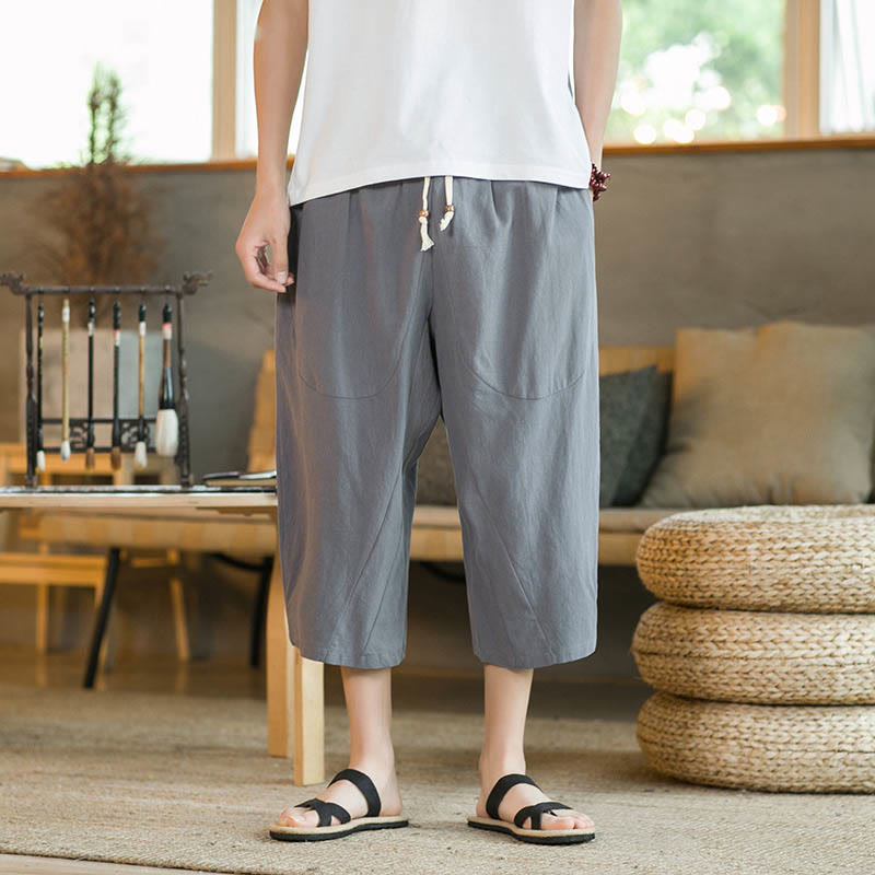 Buddha Stones Einfarbige mittellange Hose mit weitem Bein aus Baumwolle für Herren mit weitem Bein und Taschen - image 41
