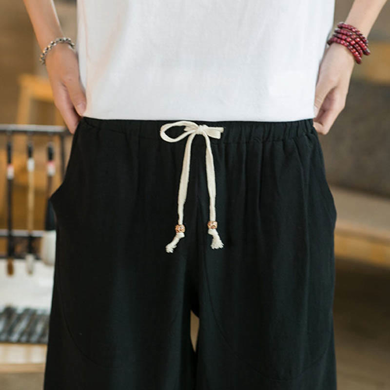 Buddha Stones Einfarbige mittellange Hose mit weitem Bein aus Baumwolle für Herren mit weitem Bein und Taschen - image 9