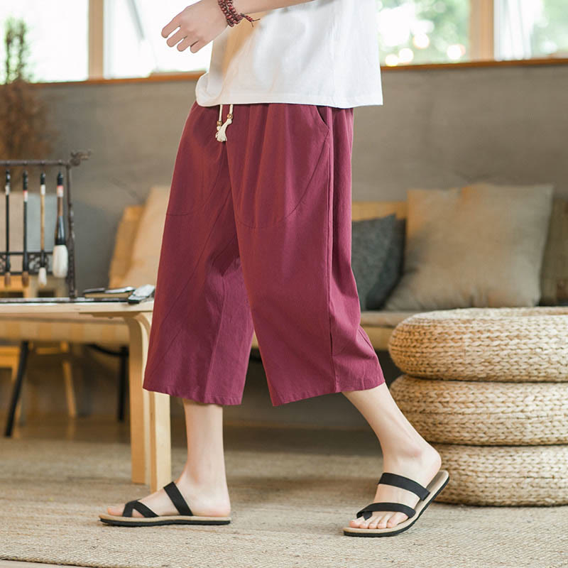 Buddha Stones Einfarbige mittellange Hose mit weitem Bein aus Baumwolle für Herren mit weitem Bein und Taschen - image 32