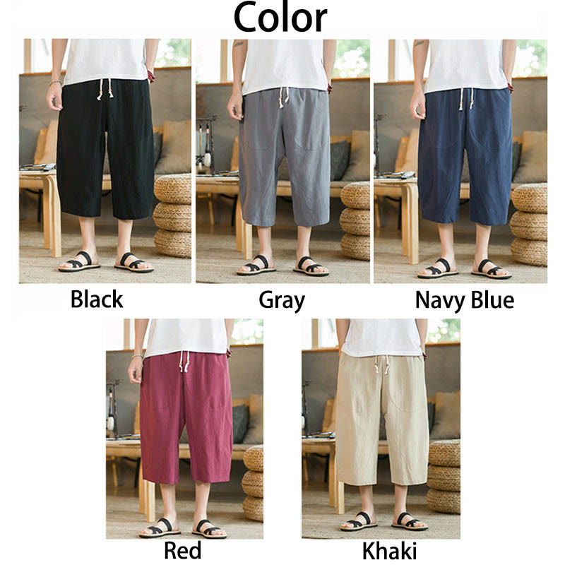 Buddha Stones Einfarbige mittellange Hose mit weitem Bein aus Baumwolle für Herren mit weitem Bein und Taschen - image 12
