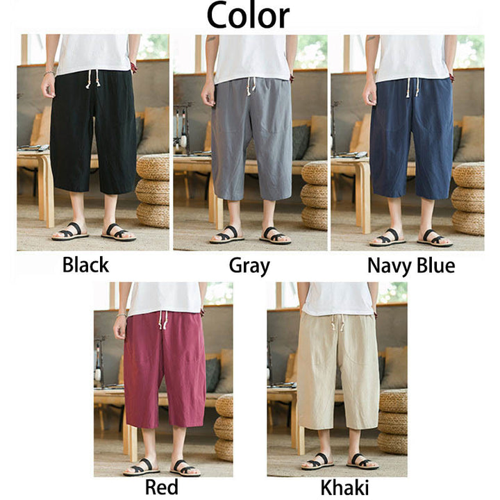 Buddha Stones Einfarbige mittellange Hose mit weitem Bein aus Baumwolle für Herren mit weitem Bein und Taschen - image 12