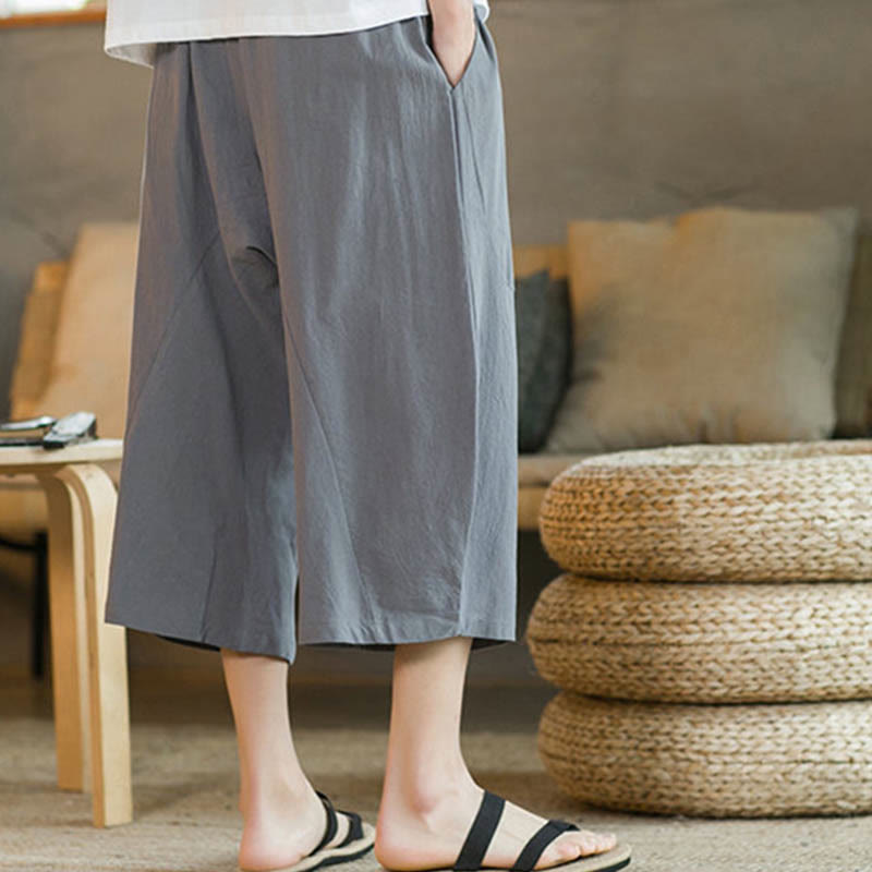 Buddha Stones Einfarbige mittellange Hose mit weitem Bein aus Baumwolle für Herren mit weitem Bein und Taschen - image 42