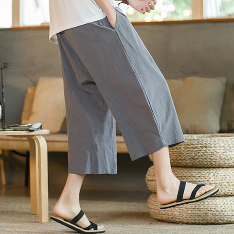 Buddha Stones Einfarbige mittellange Hose mit weitem Bein aus Baumwolle für Herren mit weitem Bein und Taschen - image 45