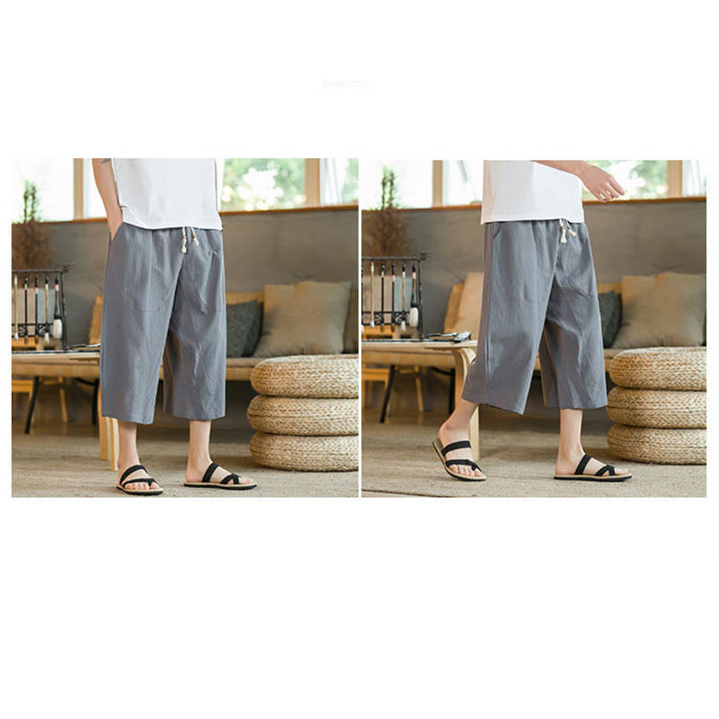 Buddha Stones Einfarbige mittellange Hose mit weitem Bein aus Baumwolle für Herren mit weitem Bein und Taschen - image 48