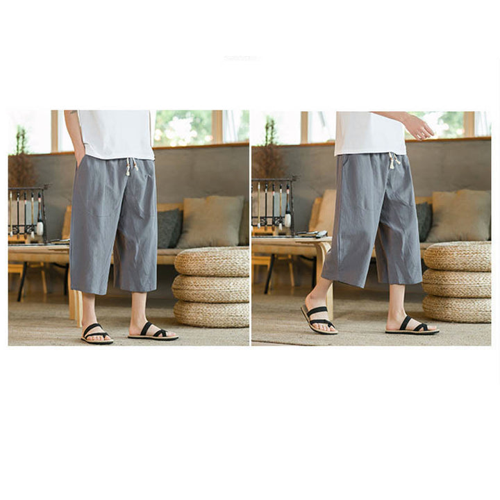 Buddha Stones Einfarbige mittellange Hose mit weitem Bein aus Baumwolle für Herren mit weitem Bein und Taschen - image 48