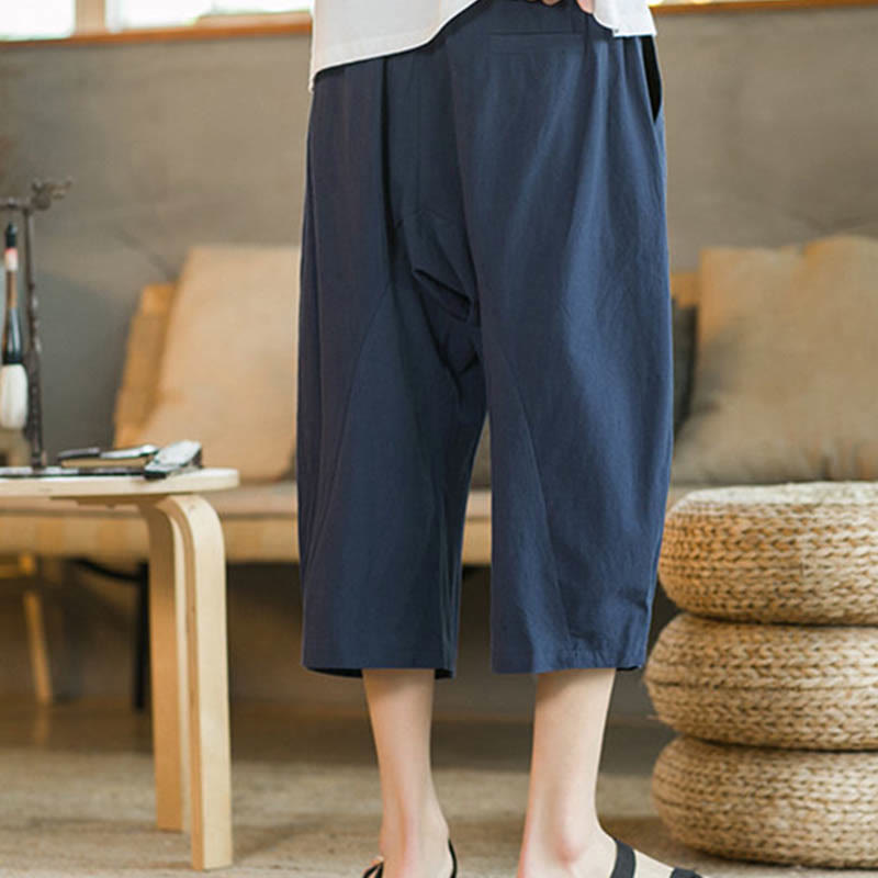 Buddha Stones Einfarbige mittellange Hose mit weitem Bein aus Baumwolle für Herren mit weitem Bein und Taschen - image 23