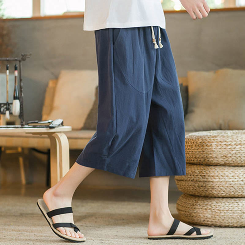 Buddha Stones Einfarbige mittellange Hose mit weitem Bein aus Baumwolle für Herren mit weitem Bein und Taschen - image 25
