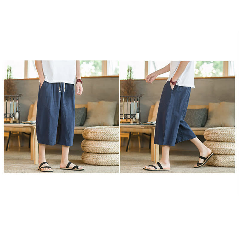 Buddha Stones Einfarbige mittellange Hose mit weitem Bein aus Baumwolle für Herren mit weitem Bein und Taschen - image 29