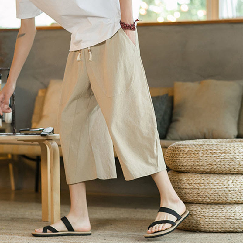 Buddha Stones Einfarbige mittellange Hose mit weitem Bein aus Baumwolle für Herren mit weitem Bein und Taschen - image 15