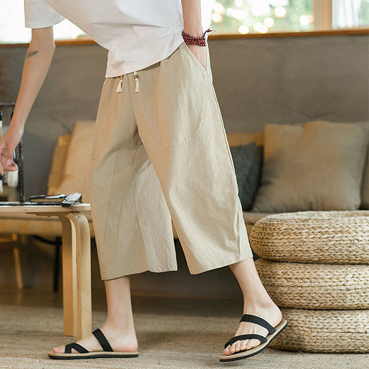 Buddha Stones Einfarbige mittellange Hose mit weitem Bein aus Baumwolle für Herren mit weitem Bein und Taschen - image 15