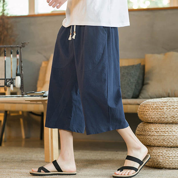 Buddha Stones Einfarbige mittellange Hose mit weitem Bein aus Baumwolle für Herren mit weitem Bein und Taschen - image 26