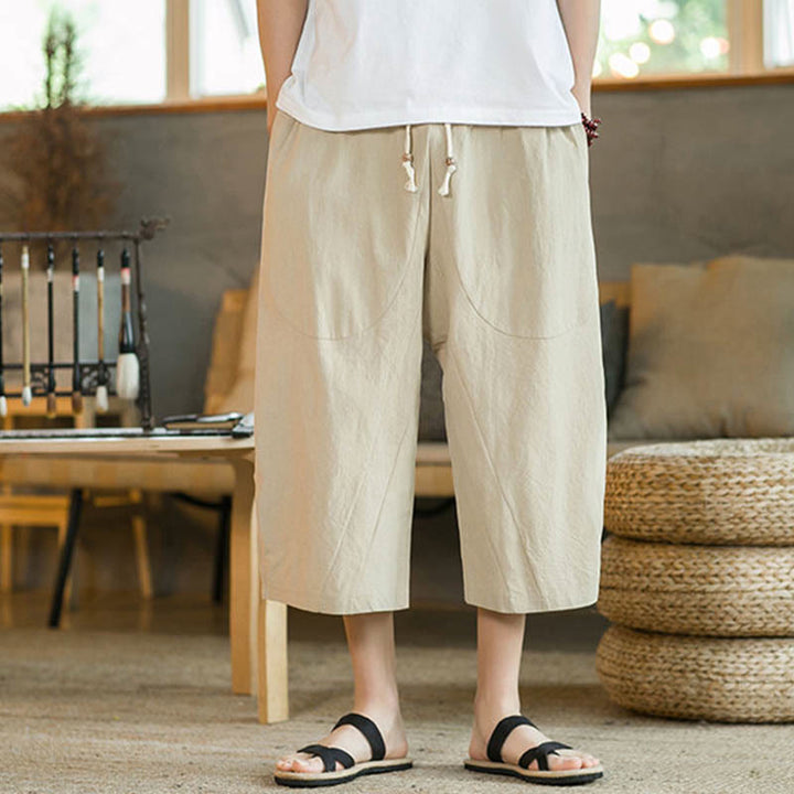 Buddha Stones Einfarbige mittellange Hose mit weitem Bein aus Baumwolle für Herren mit weitem Bein und Taschen - image 18
