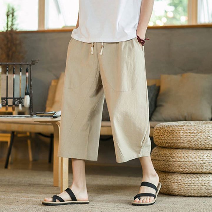 Buddha Stones Einfarbige mittellange Hose mit weitem Bein aus Baumwolle für Herren mit weitem Bein und Taschen - image 17