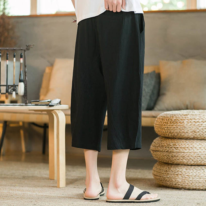 Buddha Stones Einfarbige mittellange Hose mit weitem Bein aus Baumwolle für Herren mit weitem Bein und Taschen - image 3