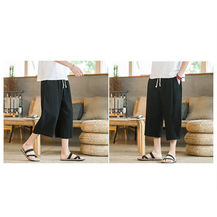 Buddha Stones Einfarbige mittellange Hose mit weitem Bein aus Baumwolle für Herren mit weitem Bein und Taschen - image 11