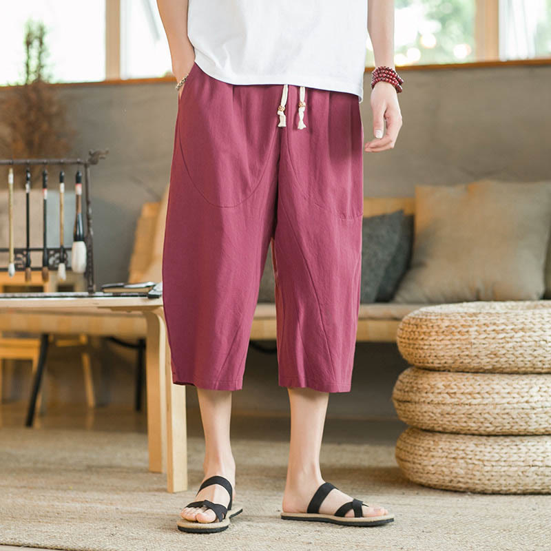 Buddha Stones Einfarbige mittellange Hose mit weitem Bein aus Baumwolle für Herren mit weitem Bein und Taschen - image 33