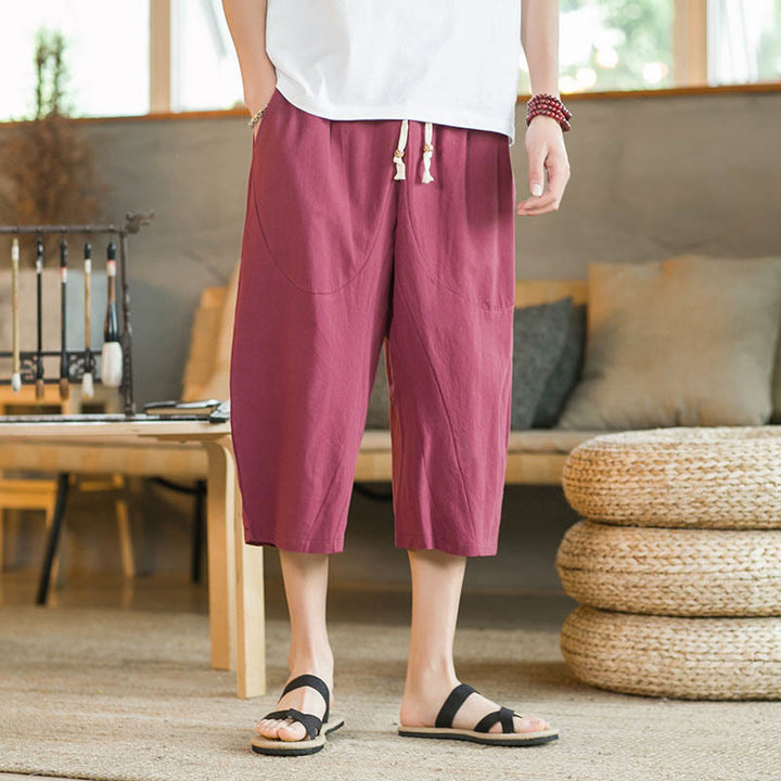 Buddha Stones Einfarbige mittellange Hose mit weitem Bein aus Baumwolle für Herren mit weitem Bein und Taschen - image 33