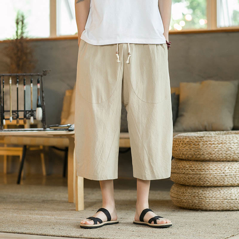 Buddha Stones Einfarbige mittellange Hose mit weitem Bein aus Baumwolle für Herren mit weitem Bein und Taschen - Khaki - US/UK/AU46, EU56 (5XL) - image 13
