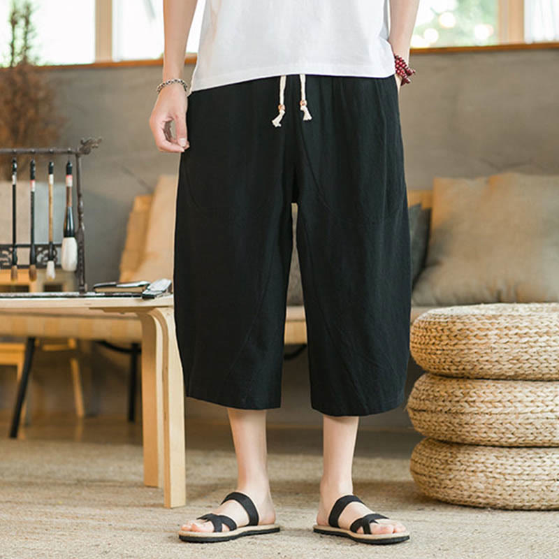 Buddha Stones Einfarbige mittellange Hose mit weitem Bein aus Baumwolle für Herren mit weitem Bein und Taschen - image 1