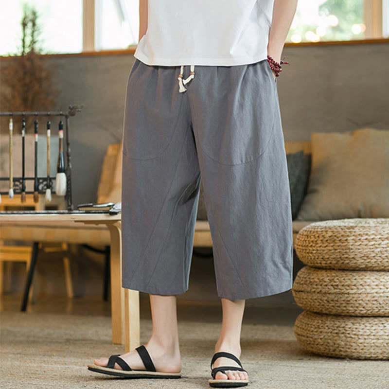 Buddha Stones Einfarbige mittellange Hose mit weitem Bein aus Baumwolle für Herren mit weitem Bein und Taschen - image 46