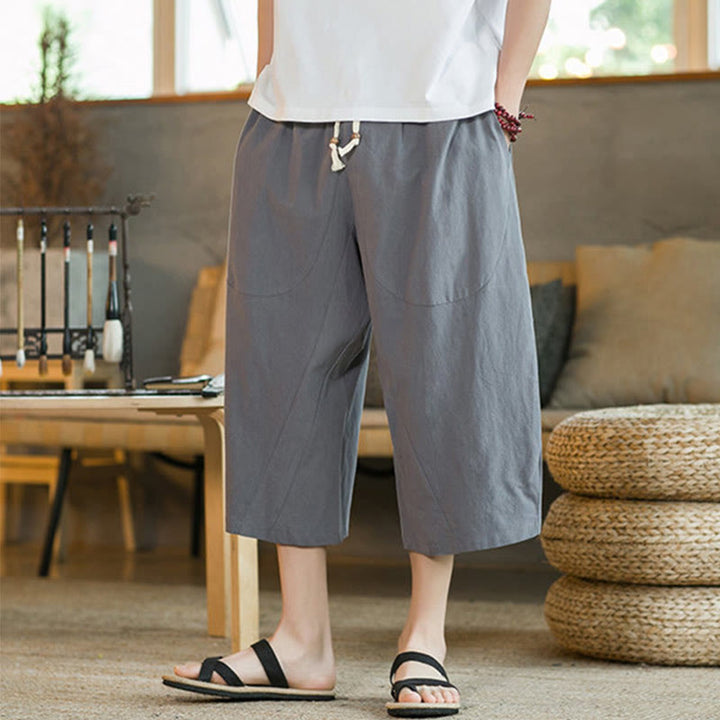 Buddha Stones Einfarbige mittellange Hose mit weitem Bein aus Baumwolle für Herren mit weitem Bein und Taschen - image 46