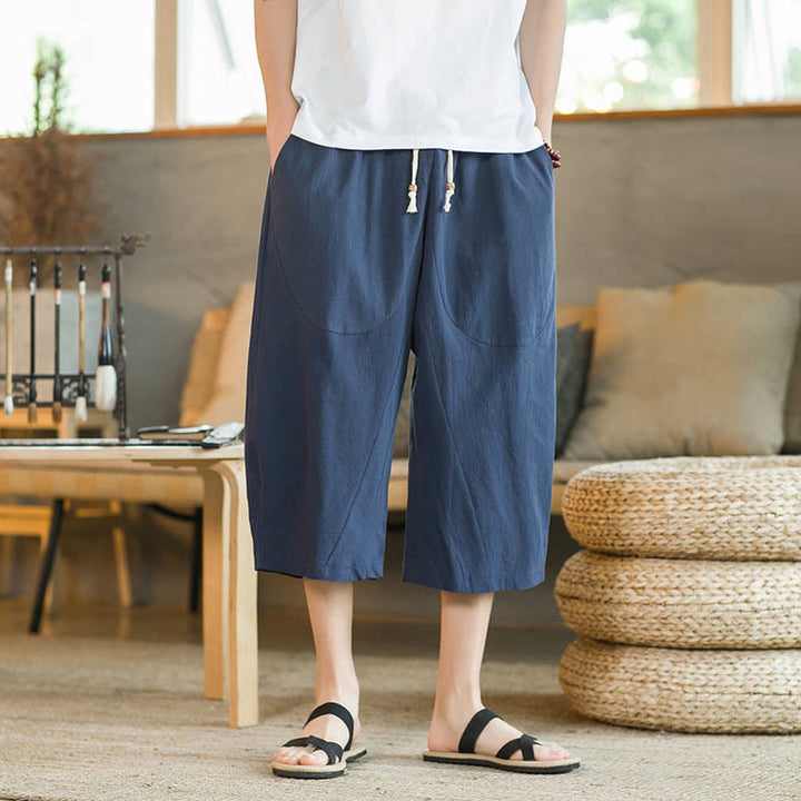 Buddha Stones Einfarbige mittellange Hose mit weitem Bein aus Baumwolle für Herren mit weitem Bein und Taschen - image 22