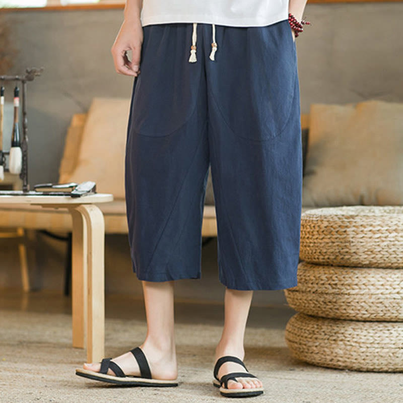 Buddha Stones Einfarbige mittellange Hose mit weitem Bein aus Baumwolle für Herren mit weitem Bein und Taschen - image 28