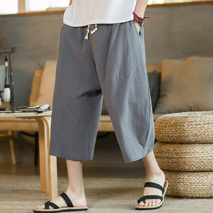 Buddha Stones Einfarbige mittellange Hose mit weitem Bein aus Baumwolle für Herren mit weitem Bein und Taschen - image 47