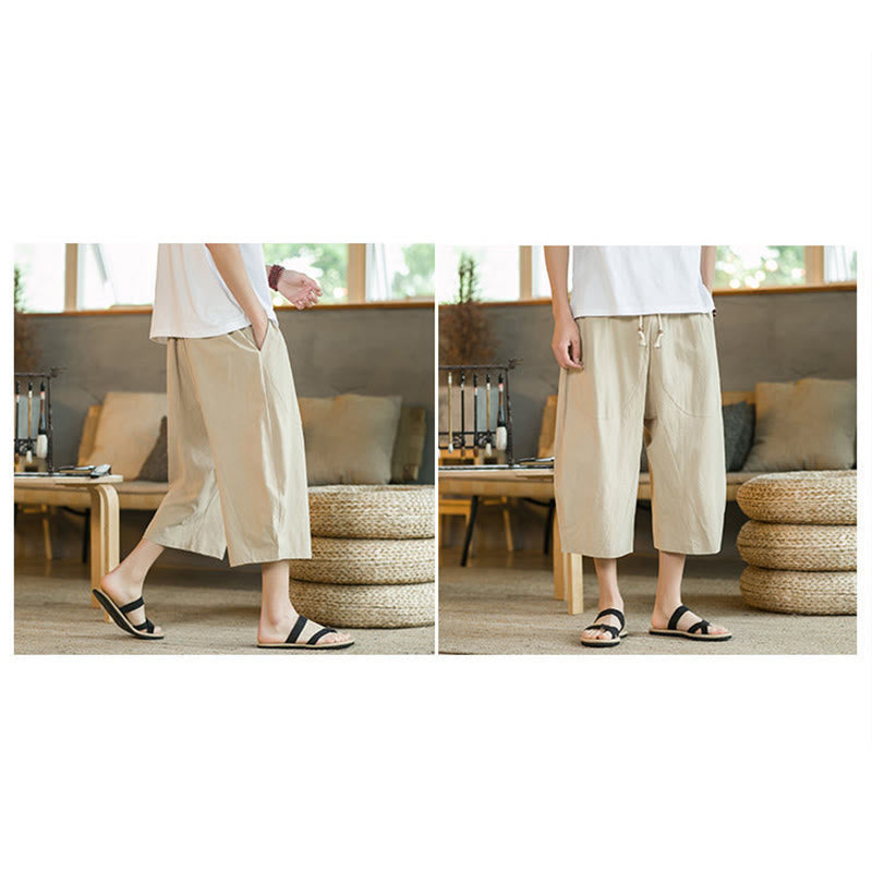 Buddha Stones Einfarbige mittellange Hose mit weitem Bein aus Baumwolle für Herren mit weitem Bein und Taschen - image 20