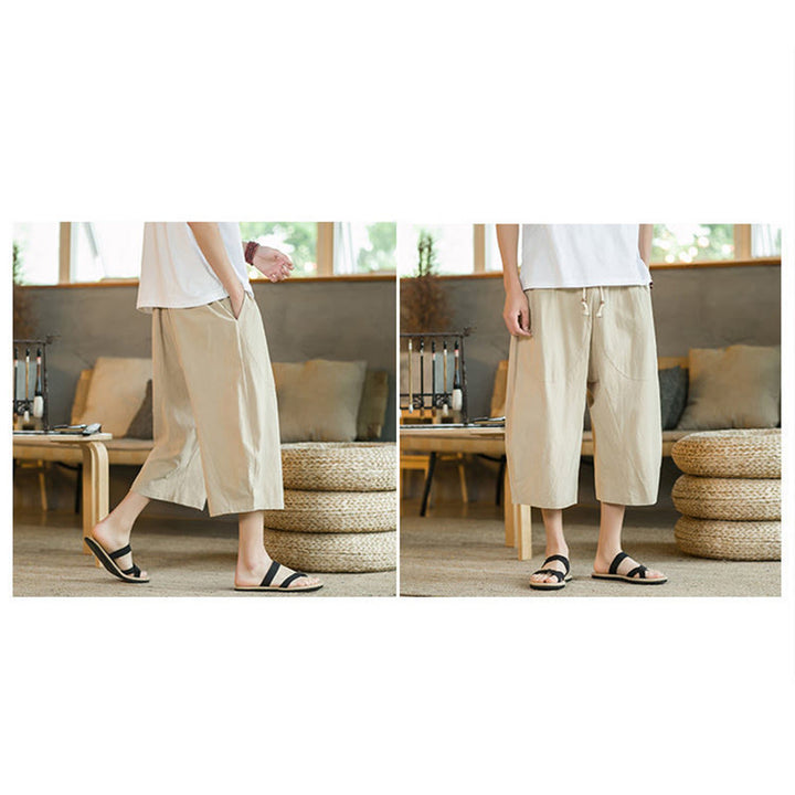 Buddha Stones Einfarbige mittellange Hose mit weitem Bein aus Baumwolle für Herren mit weitem Bein und Taschen - image 20
