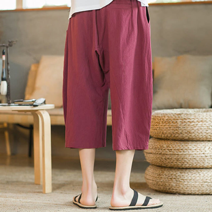 Buddha Stones Einfarbige mittellange Hose mit weitem Bein aus Baumwolle für Herren mit weitem Bein und Taschen - image 34