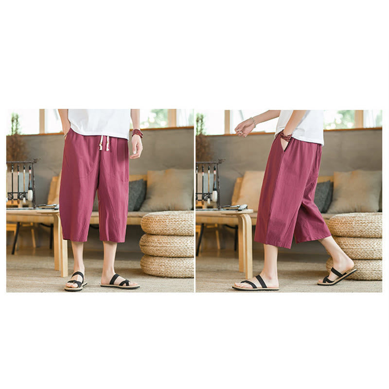 Buddha Stones Einfarbige mittellange Hose mit weitem Bein aus Baumwolle für Herren mit weitem Bein und Taschen - image 39
