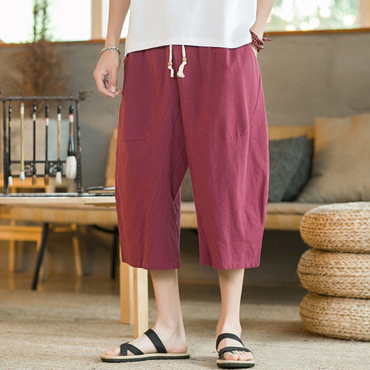 Buddha Stones Einfarbige mittellange Hose mit weitem Bein aus Baumwolle für Herren mit weitem Bein und Taschen - image 36