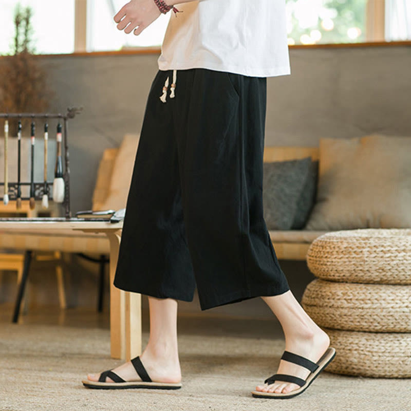 Buddha Stones Einfarbige mittellange Hose mit weitem Bein aus Baumwolle für Herren mit weitem Bein und Taschen - image 4