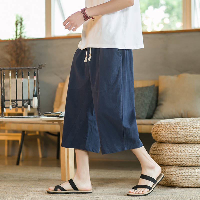 Buddha Stones - Einfarbige mittellange Herrenhose aus Leinen mit weitem Bein und Taschen - Marineblau - US/ UK/AU46，EU56 (5XL) - image 10