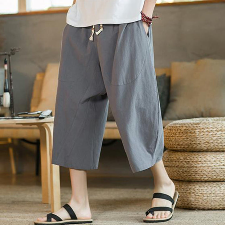 Buddha Stones - Einfarbige mittellange Herrenhose aus Leinen mit weitem Bein und Taschen - Grau - US/ UK/AU46，EU56 (5XL) - image 26