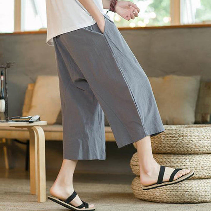 Buddha Stones - Einfarbige mittellange Herrenhose aus Leinen mit weitem Bein und Taschen - image 28