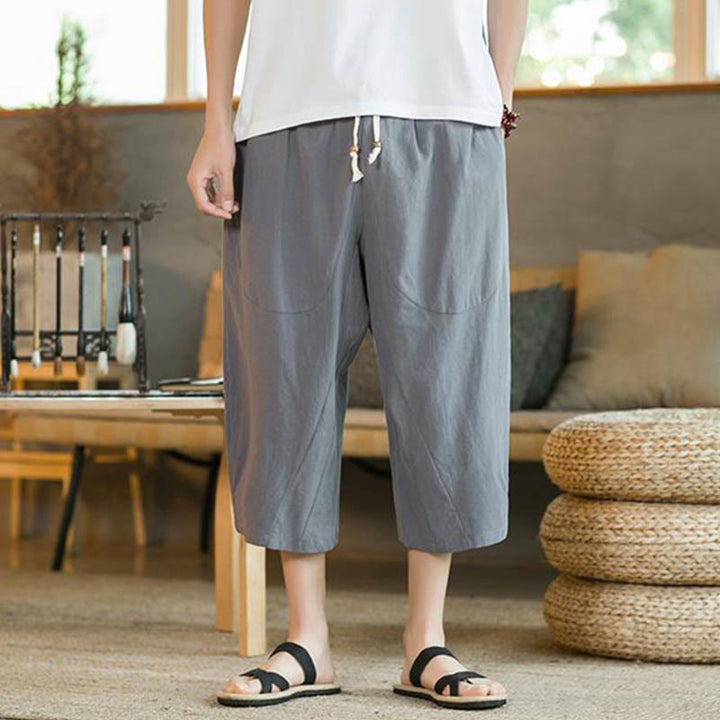 Buddha Stones - Einfarbige mittellange Herrenhose aus Leinen mit weitem Bein und Taschen - image 27