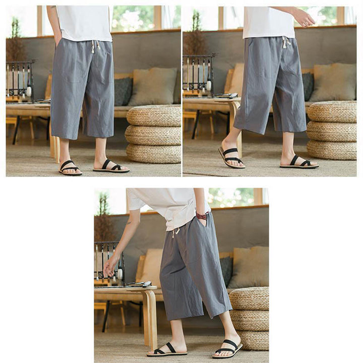 Buddha Stones - Einfarbige mittellange Herrenhose aus Leinen mit weitem Bein und Taschen - image 33