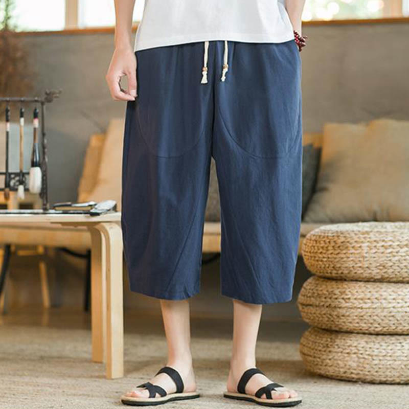 Buddha Stones - Einfarbige mittellange Herrenhose aus Leinen mit weitem Bein und Taschen - image 12