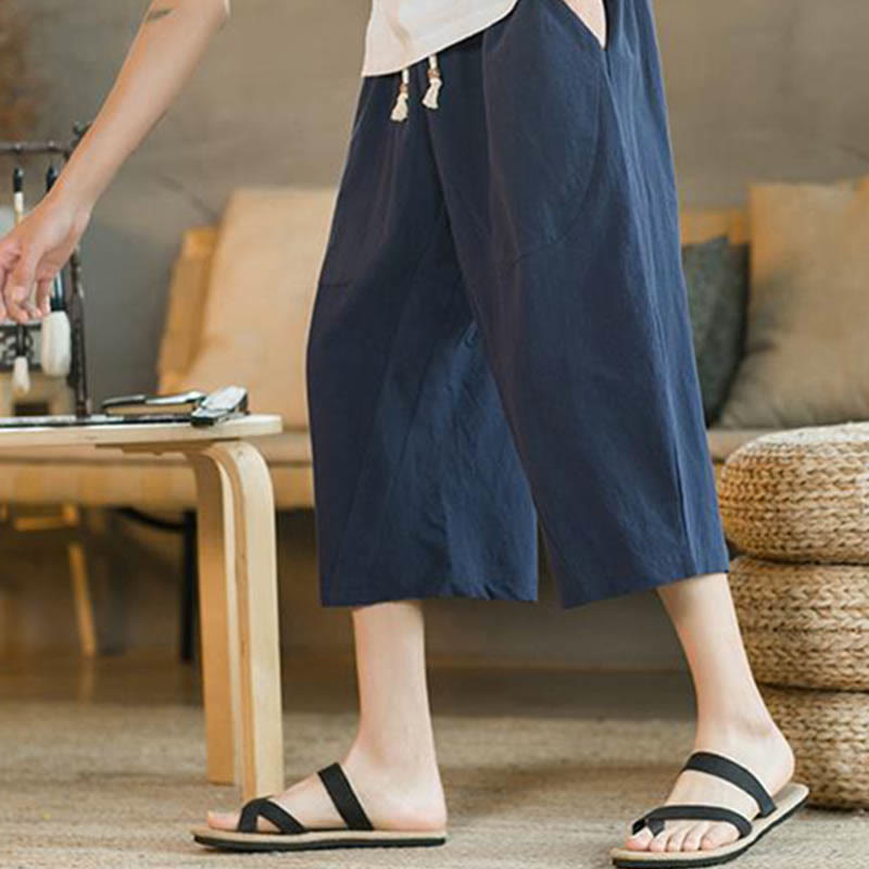 Buddha Stones - Einfarbige mittellange Herrenhose aus Leinen mit weitem Bein und Taschen - image 11