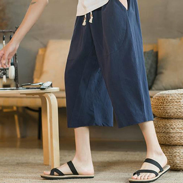 Buddha Stones - Einfarbige mittellange Herrenhose aus Leinen mit weitem Bein und Taschen - image 11