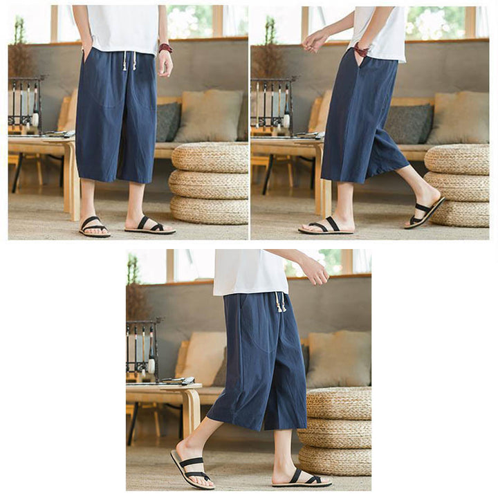Buddha Stones - Einfarbige mittellange Herrenhose aus Leinen mit weitem Bein und Taschen - image 16