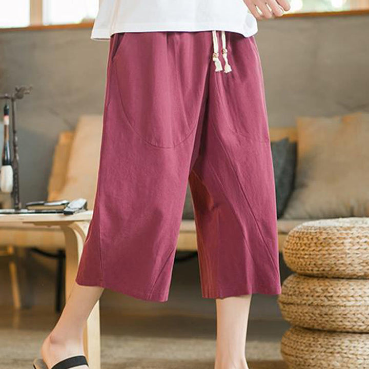 Buddha Stones - Einfarbige mittellange Herrenhose aus Leinen mit weitem Bein und Taschen - Rot - US/ UK/AU46，EU56 (5XL) - image 17